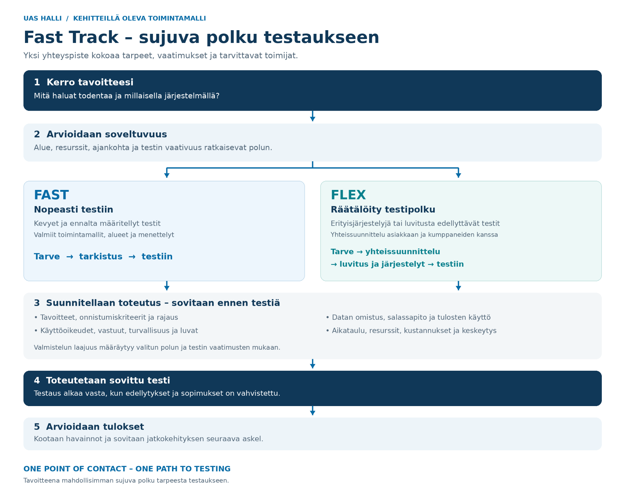 Fast Track: kerro tavoite, arvioi soveltuvuus, valitse FAST- tai FLEX-polku, suunnittele toteutus, toteuta sovittu testi ja arvioi tulokset.